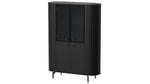 Black display cabinet with two glass doors and ribbed side panels over lower doors
