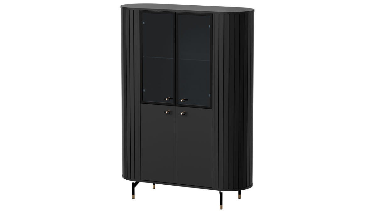 Black display cabinet with two glass doors and ribbed side panels over lower doors