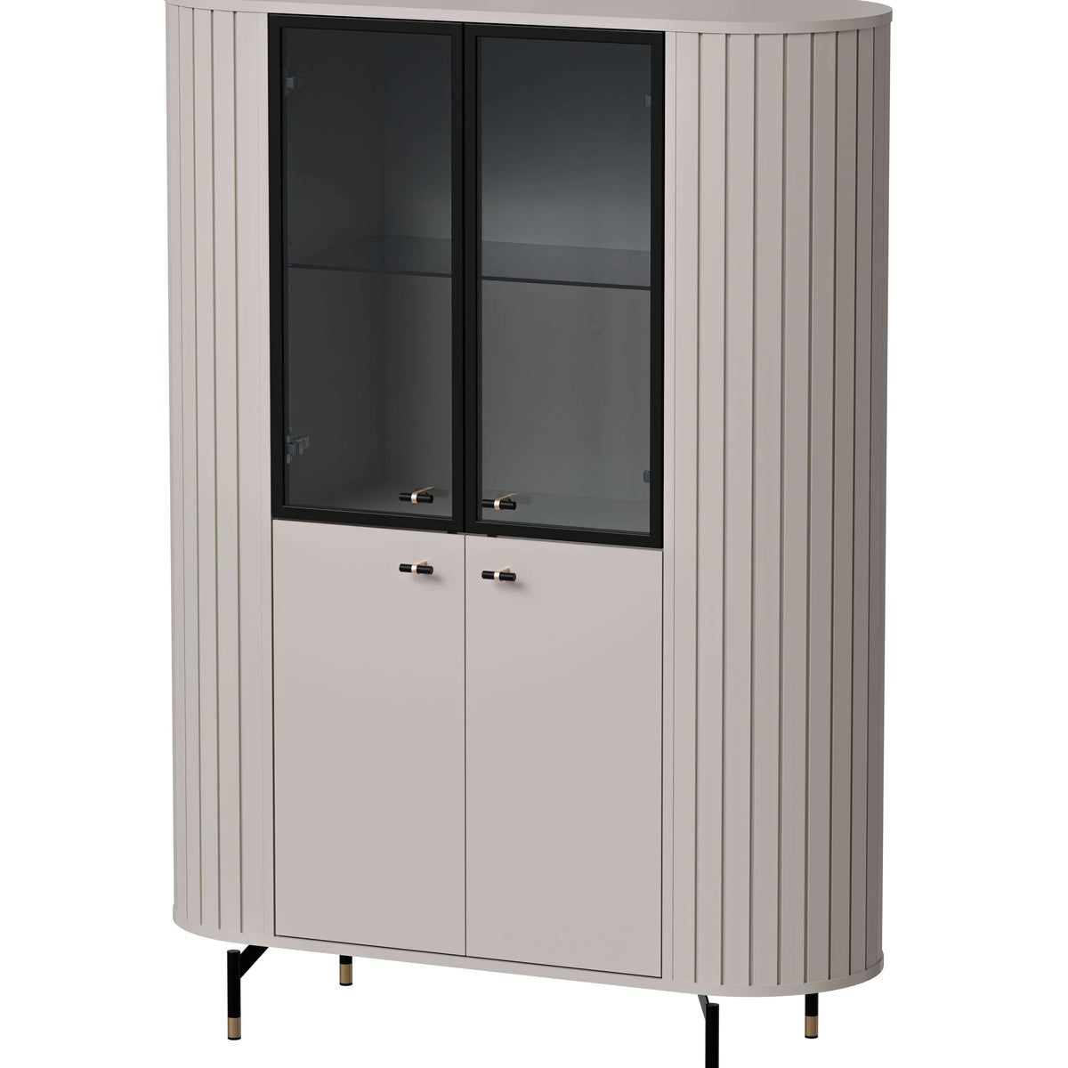 Cashmere display cabinet with glass doors and two central lower doors, ribbed frame