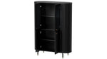 Black display cabinet with ribbed sides, glass doors, and two lower storage doors