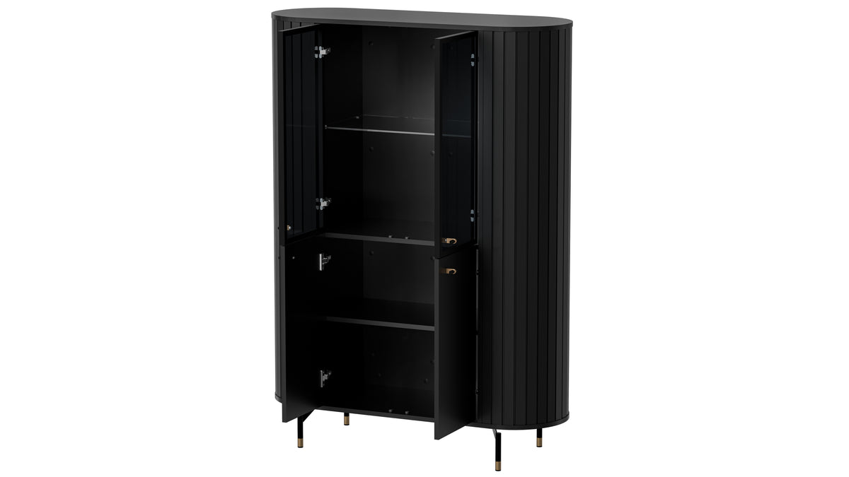 Black display cabinet with ribbed sides, glass doors, and two lower storage doors