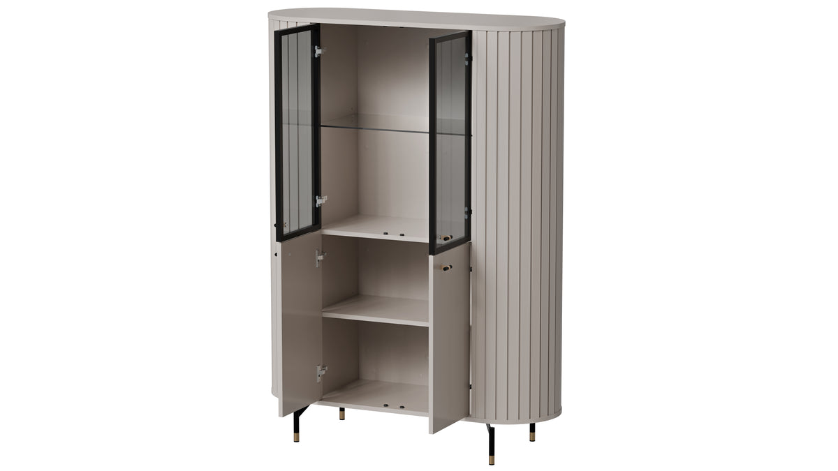 Cashmere display cabinet open front with visible shelves behind the glass doors