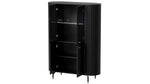 Black display cabinet with two glass doors, ribbed side panels, and two lower doors