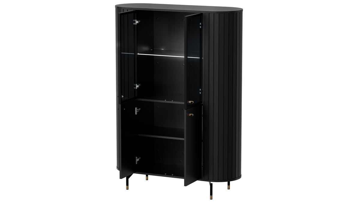 Black display cabinet with two glass doors, ribbed side panels, and two lower doors