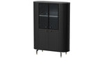 Black display cabinet with glass doors and ribbed front panels over lower storage doors