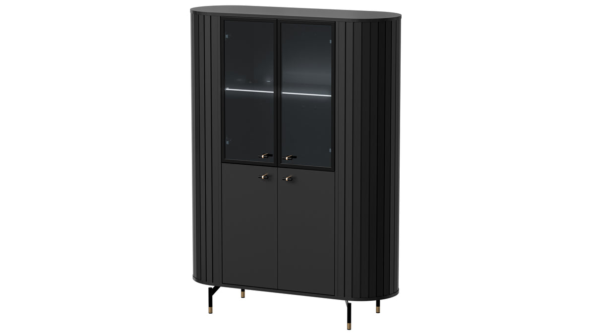 Black display cabinet with glass doors and ribbed front panels over lower storage doors