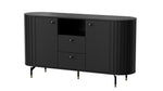 Black sideboard with two doors and two drawers, vertical ribbed panels, gold handles