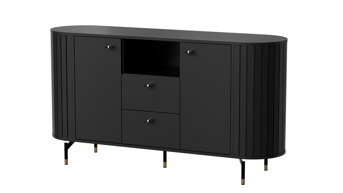 Black sideboard with two doors and two drawers, vertical ribbed panels, gold handles
