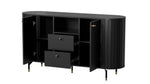 Black sideboard with two doors and two drawers, open storage shelves, gold pulls