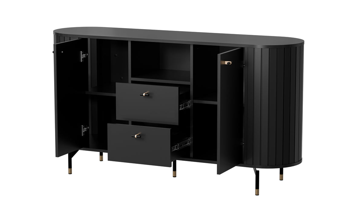 Black sideboard with two doors and two drawers, open storage shelves, gold pulls