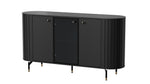 Black sideboard with three doors and central glass panel, ribbed sides, tapered metal legs.