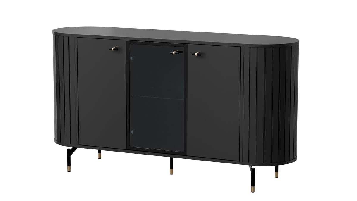 Black sideboard with three doors and central glass panel, ribbed sides, tapered metal legs.