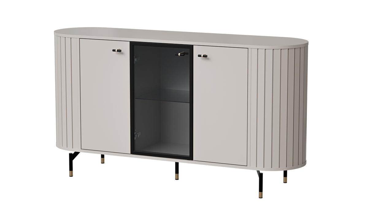 Cashmere sideboard with three doors, central glass panel, ribbed sides, tapered legs.