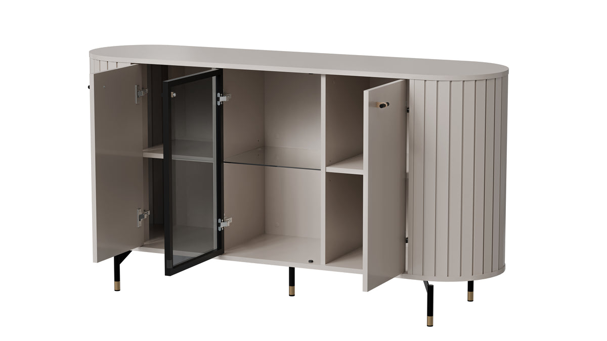 Cashmere sideboard with open cabinets, central glass door, two compartments, ribbed sides.