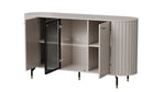Cashmere sideboard with open center glass door and side storage, ribbed panels, legs.