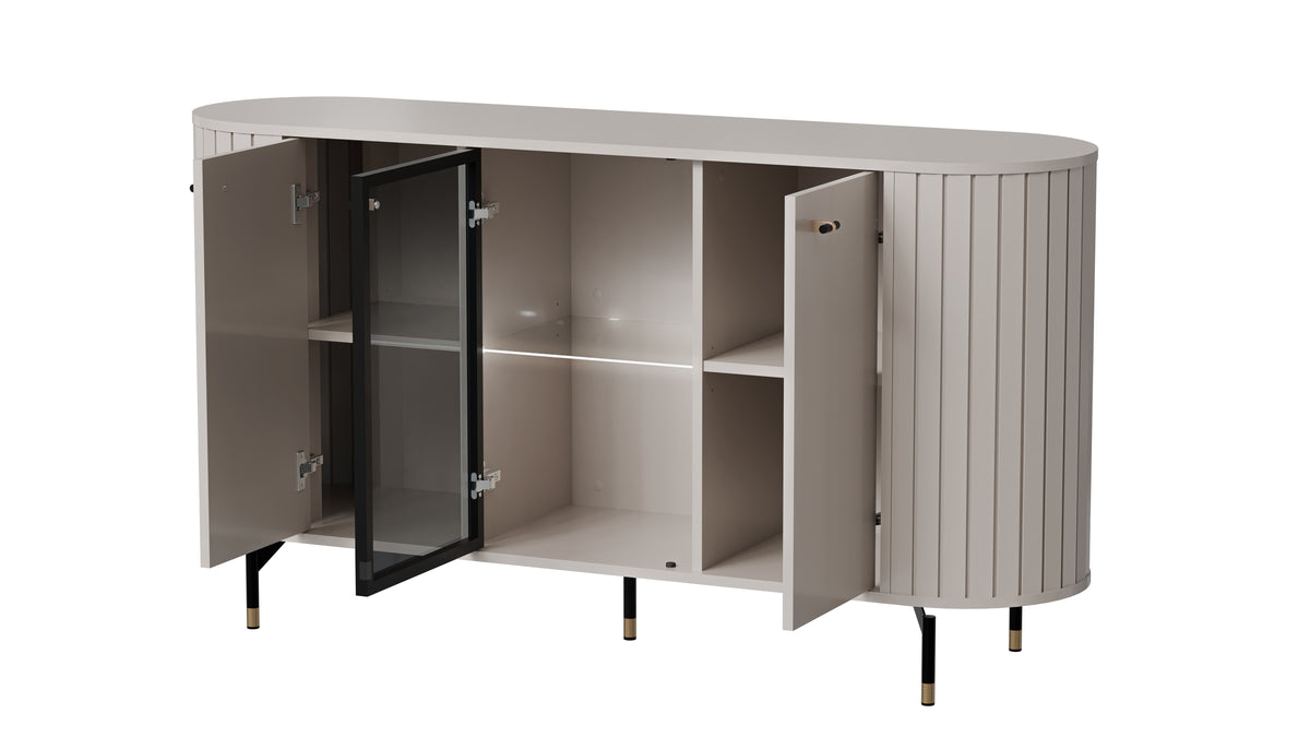 Cashmere sideboard with open center glass door and side storage, ribbed panels, legs.
