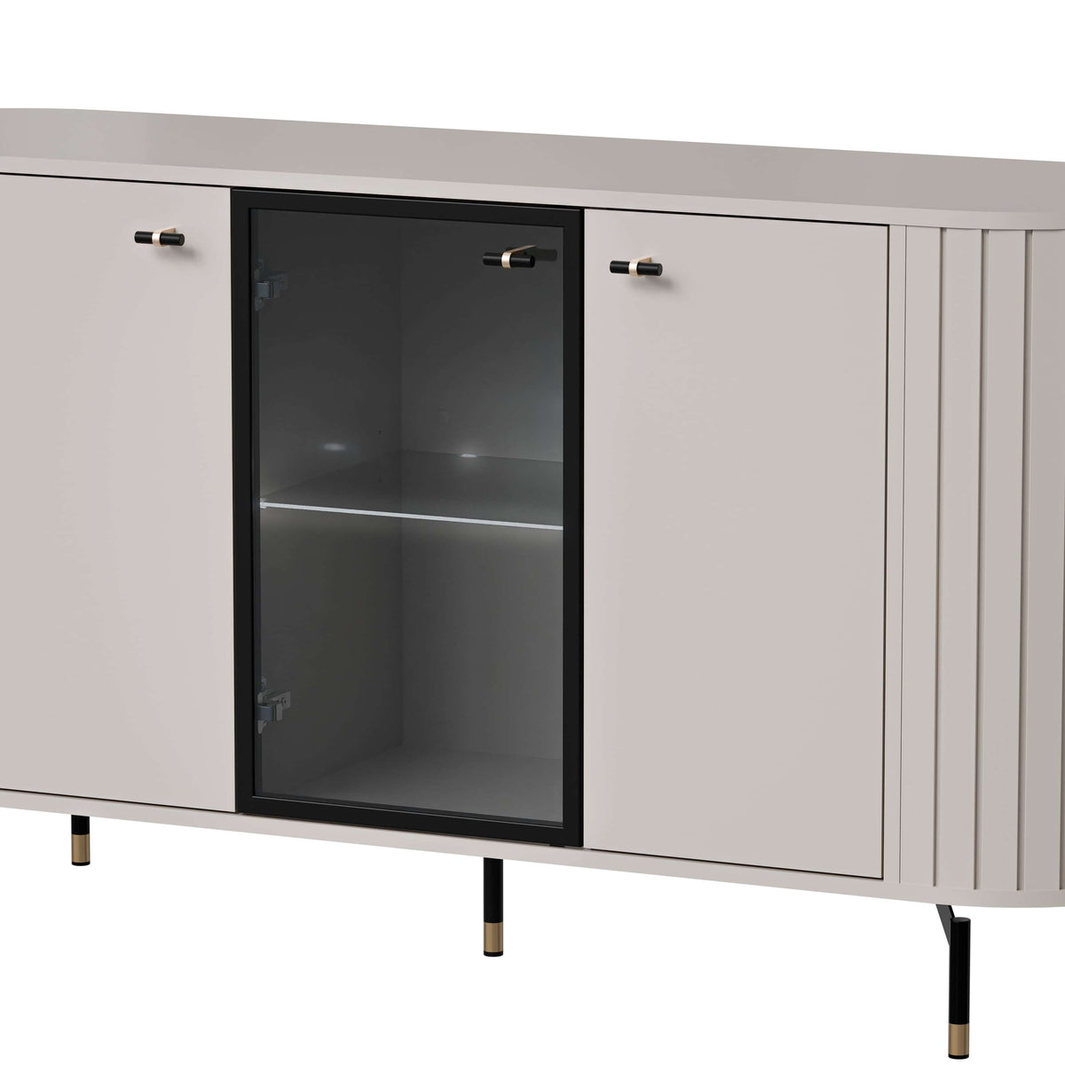 Cashmere sideboard with three doors and central glass panel, ribbed side panels, legs.