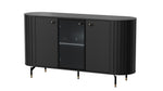 Black sideboard with three doors and central glass panel, ribbed sides, tapered legs.