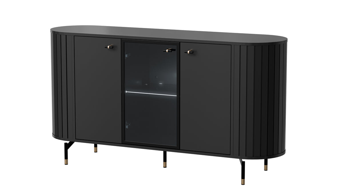 Black sideboard with three doors and central glass panel, ribbed sides, tapered legs.