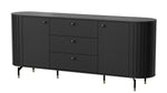 Black sideboard with three drawers and three doors, ribbed end panels