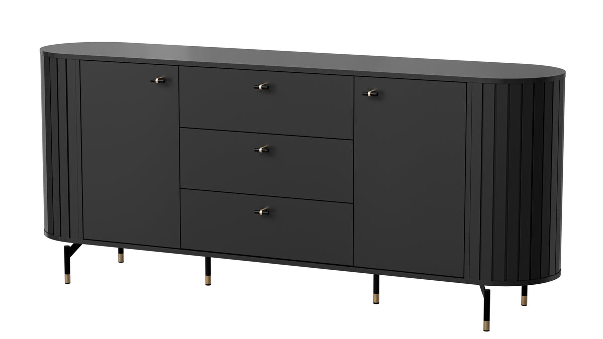 Black sideboard with three drawers and three doors, ribbed end panels