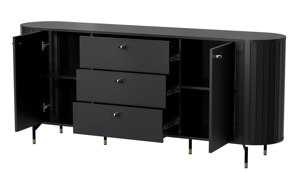 Black sideboard with three drawers and two open compartments