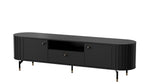 Black TV cabinet with ribbed doors and central drawer, front view