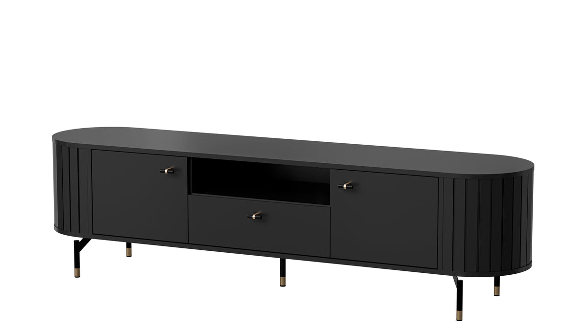 Black TV cabinet with ribbed doors and central drawer, front view