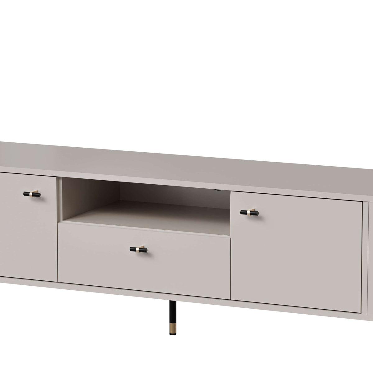 Cashmere TV cabinet with ribbed doors and central drawer, front view