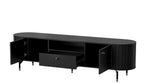 Black TV cabinet with ribbed doors and central drawer, side compartments open