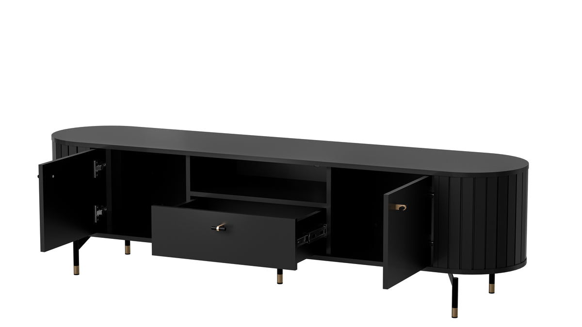 Black TV cabinet with ribbed doors and central drawer, side compartments open