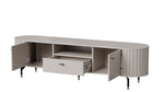 Cashmere TV cabinet with open doors, drawer extended, inner shelves visible