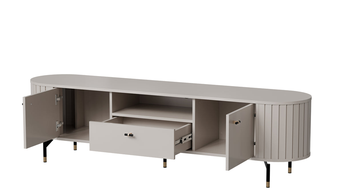 Cashmere TV cabinet with open doors, drawer extended, inner shelves visible