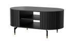 Black ribbed round coffee table with open shelf and gold-tone legs