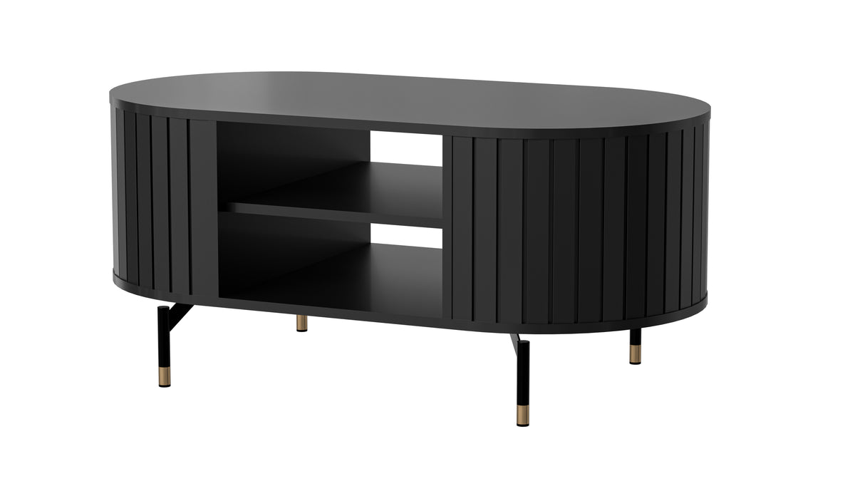 Black ribbed round coffee table with open shelf and gold-tone legs