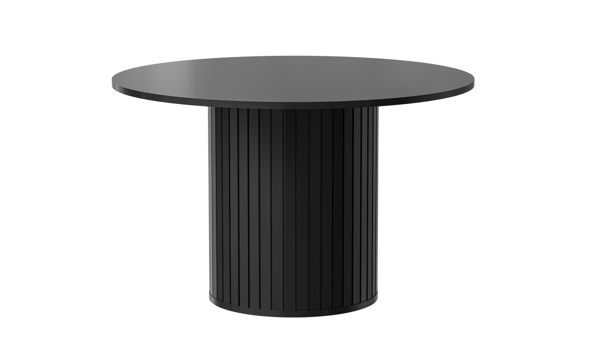 120 cm round dining table with black ribbed cylindrical base and dark round top