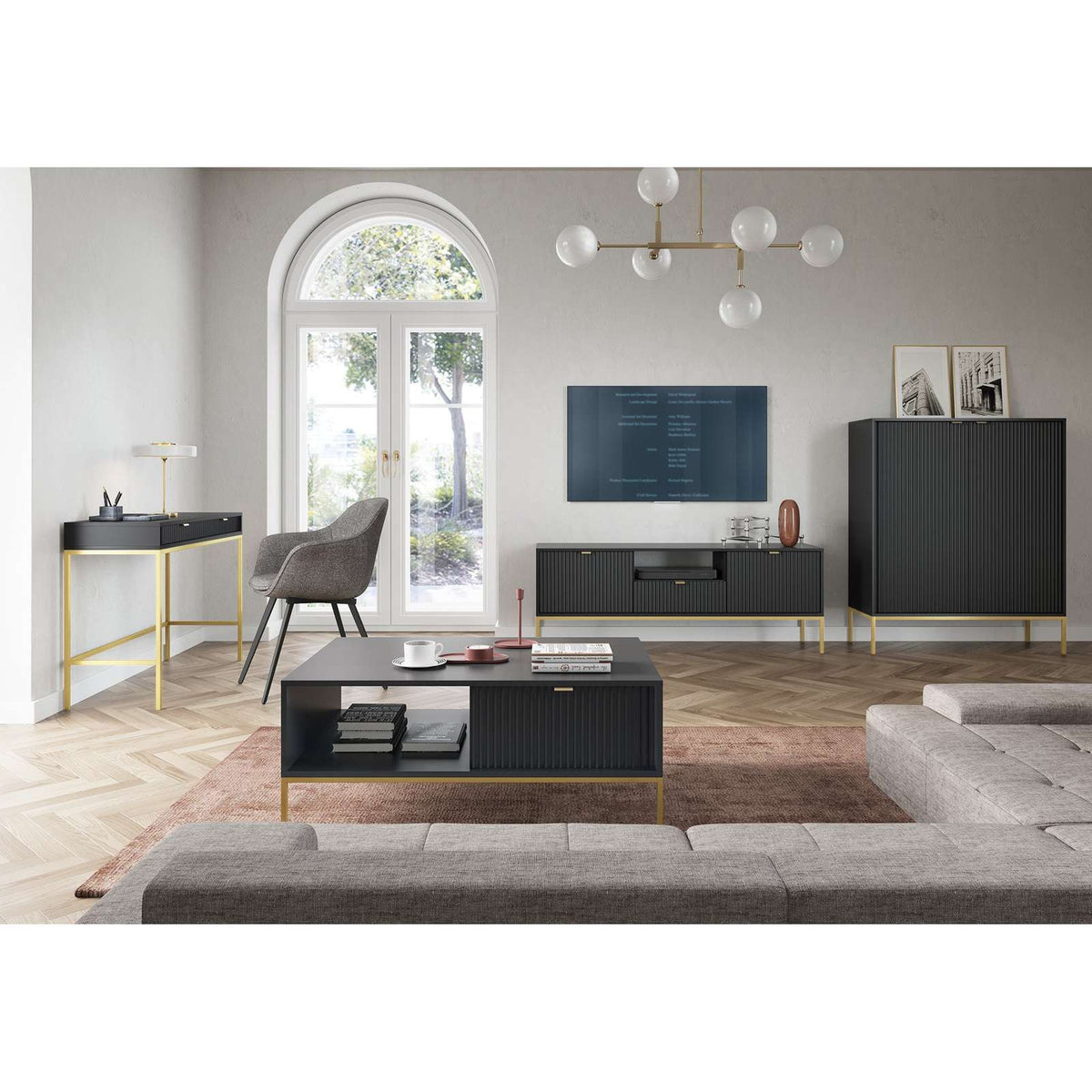 Dark grey two-door highboard with ribbed doors, gold legs, and bar handles
