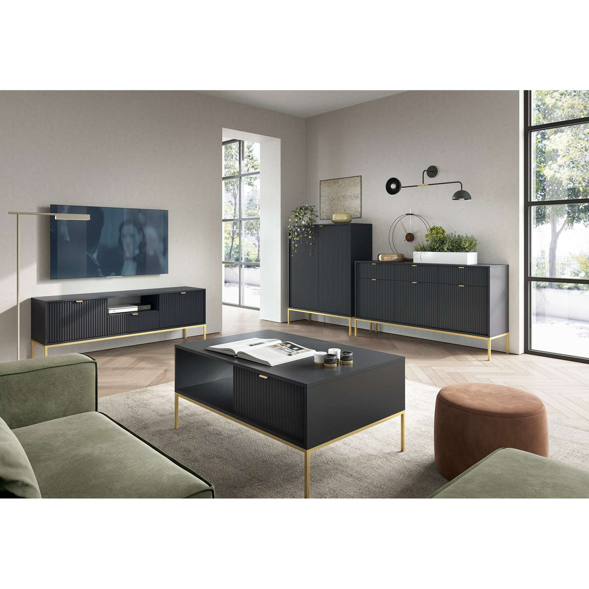 Dark two-door highboard with ribbed cabinet fronts, gold legs, and integrated handles