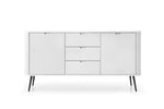White ribbed sideboard with two doors, two drawers, and black tapered legs