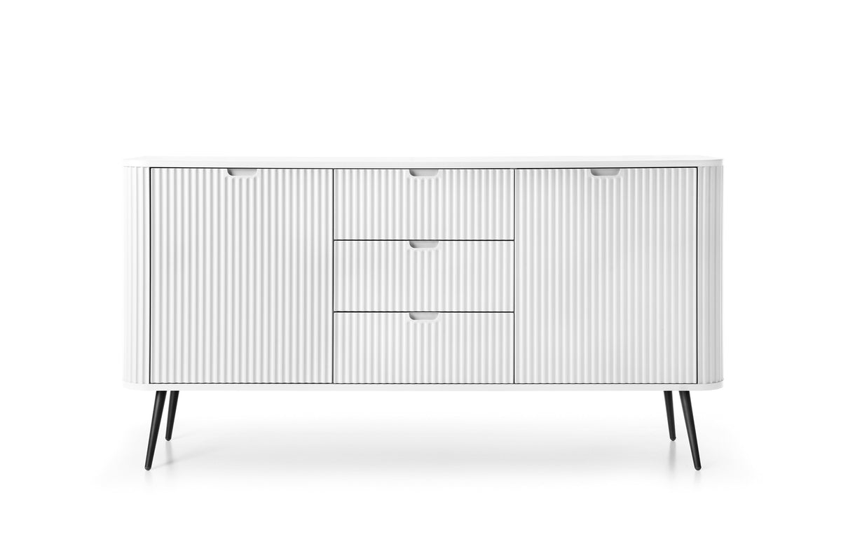 White ribbed sideboard with two doors, two drawers, and black tapered legs