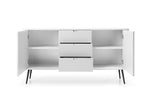 White ribbed sideboard with open doors showing shelves and stacked drawer fronts