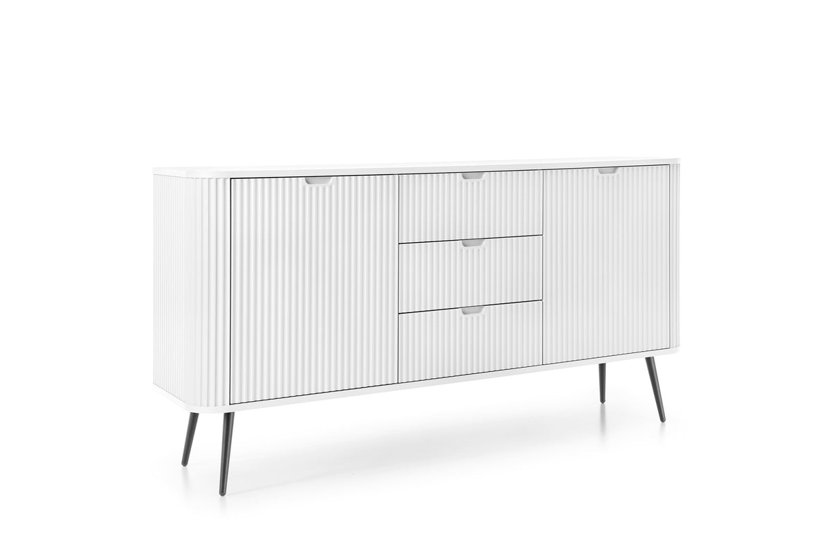 White Mila sideboard with vertical ribbed doors, two bar handles, tapered legs