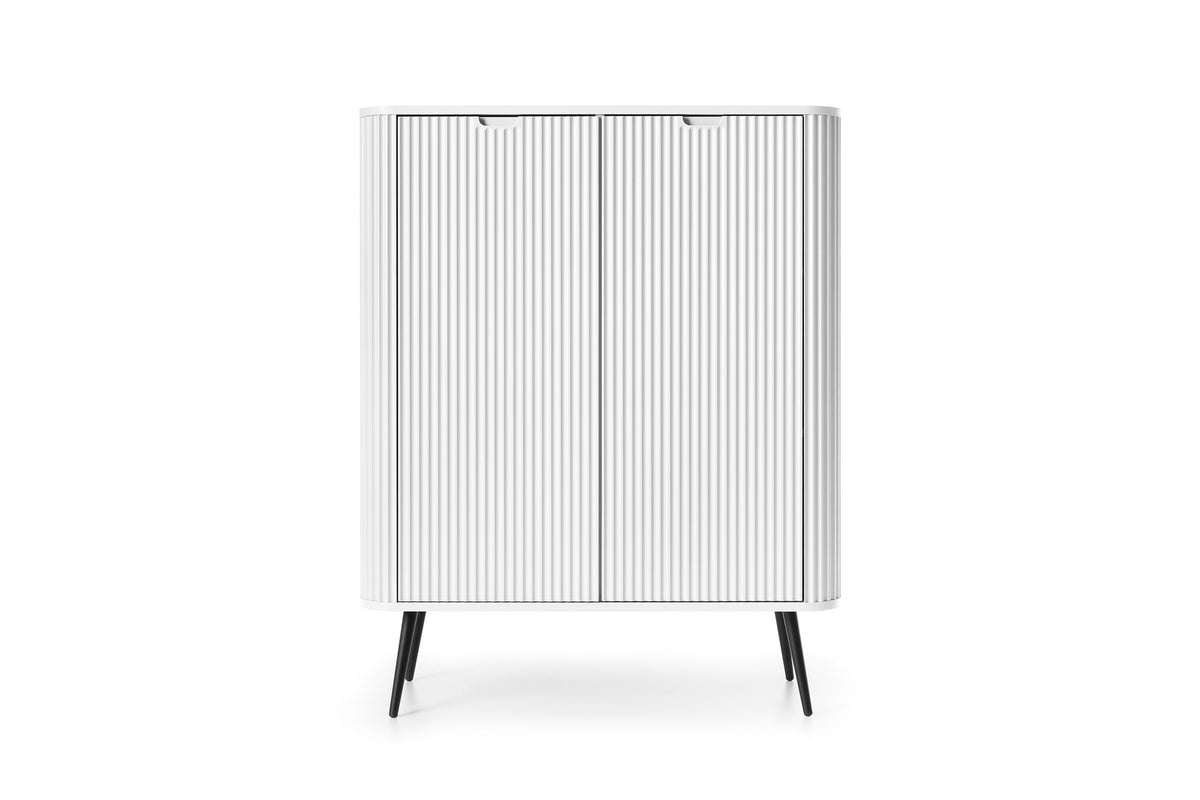 White highboard cabinet with vertical ribbed panels and four tapered legs