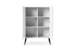 White highboard cabinet with open doors showing six interior cubbies and tapered legs