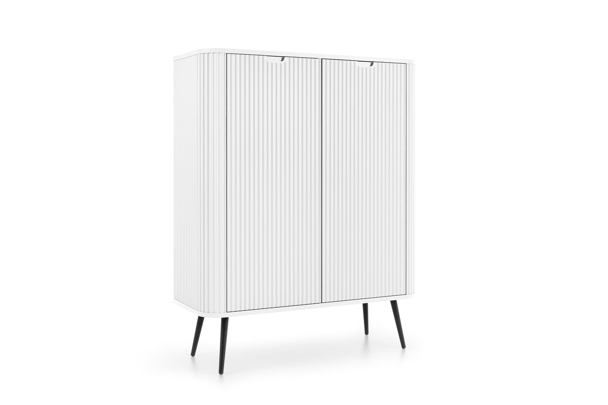 White highboard cabinet with vertical ribbed doors and slim tapered legs