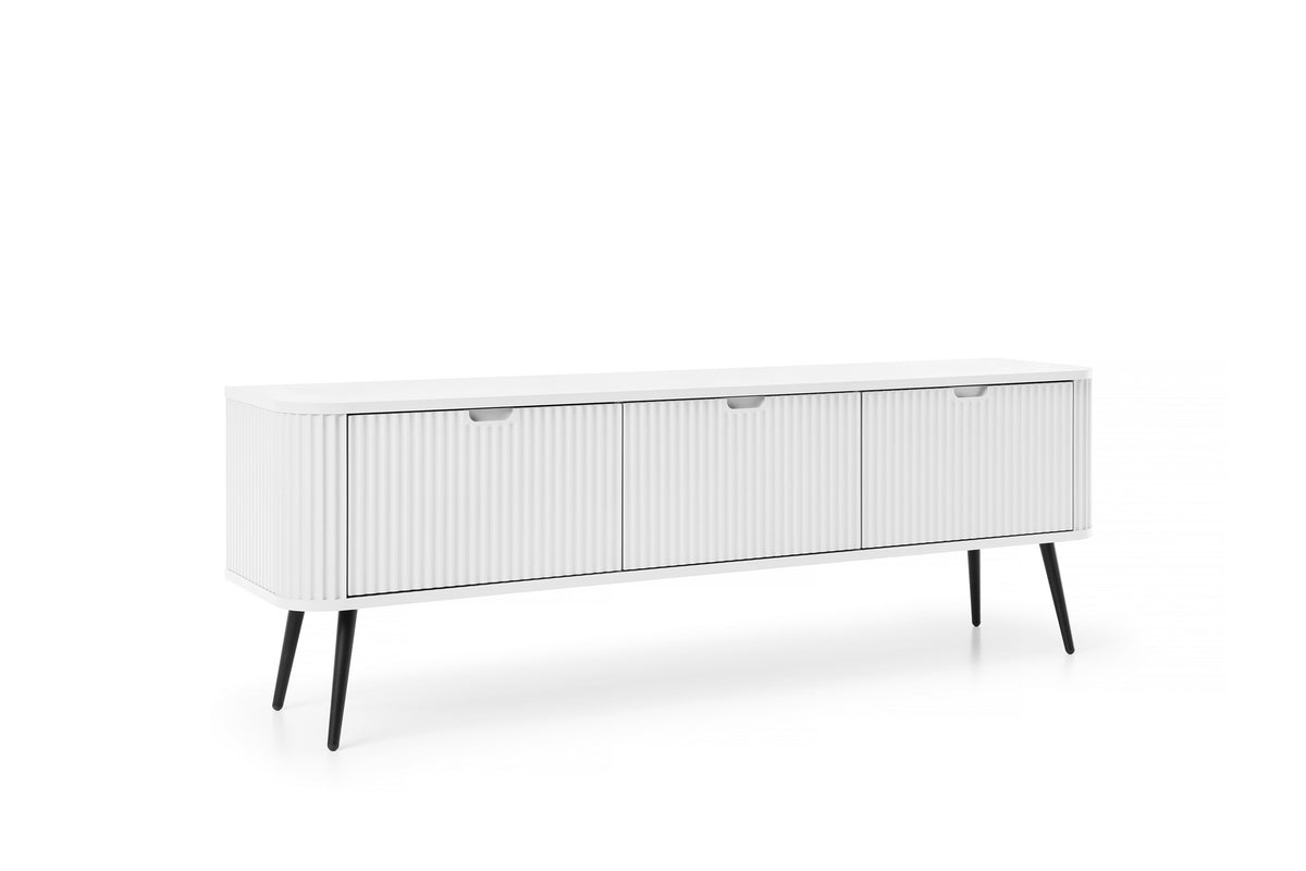 Mila TV cabinet with cream-white fluted front, center drawer, and slender legs.