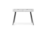 Cashmere dressing table front view with striped drawer panel and black tapered legs