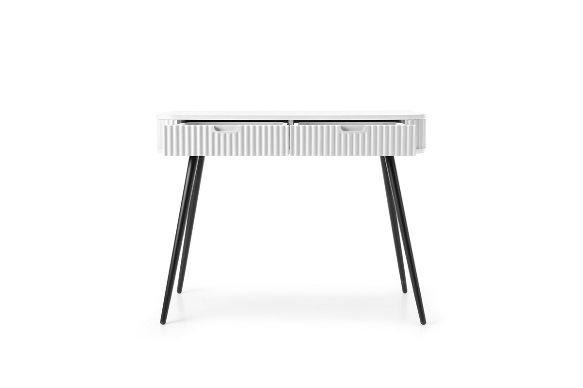 Cashmere dressing table side view with striped drawer front and black tapered legs