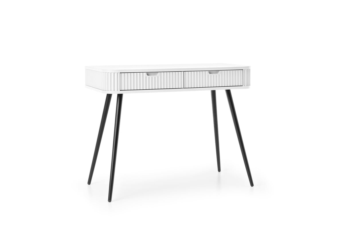 White slatted-top desk with drawer front and tapered black wooden legs