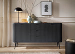 Black ribbed sideboard with two center drawers and side cabinet doors on tapered legs